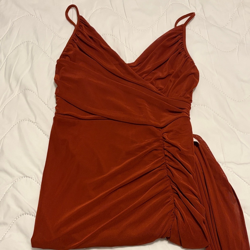 Chic Asymmetrical Rust Dress - Picture 2 of 3